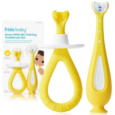 Yellow toothbrush and training aid set for children with a packaging card on a white background