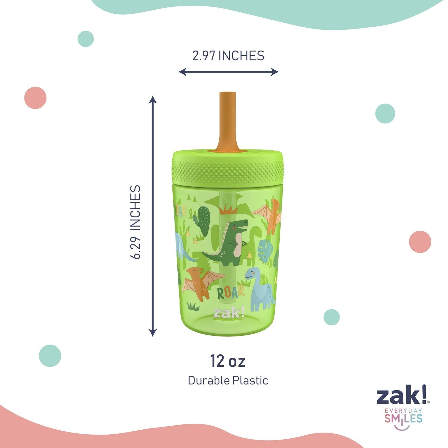 Zak Designs Tumbler, Soft Straw Tumbler for Toddlers, 12oz, Leak-Proof, Easy to Hold, Sunshine and Rainbows