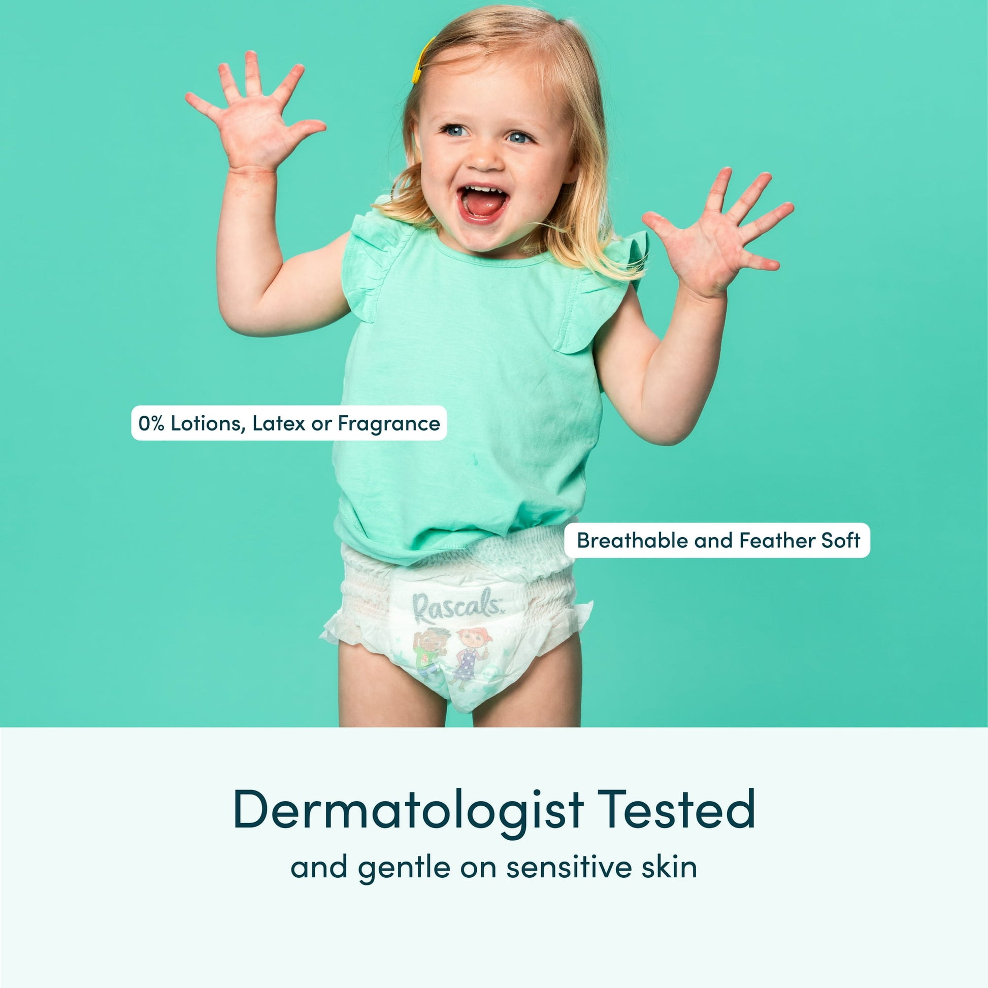 A smiling toddler wearing a potty training pant stands against a bright teal background with text overlays