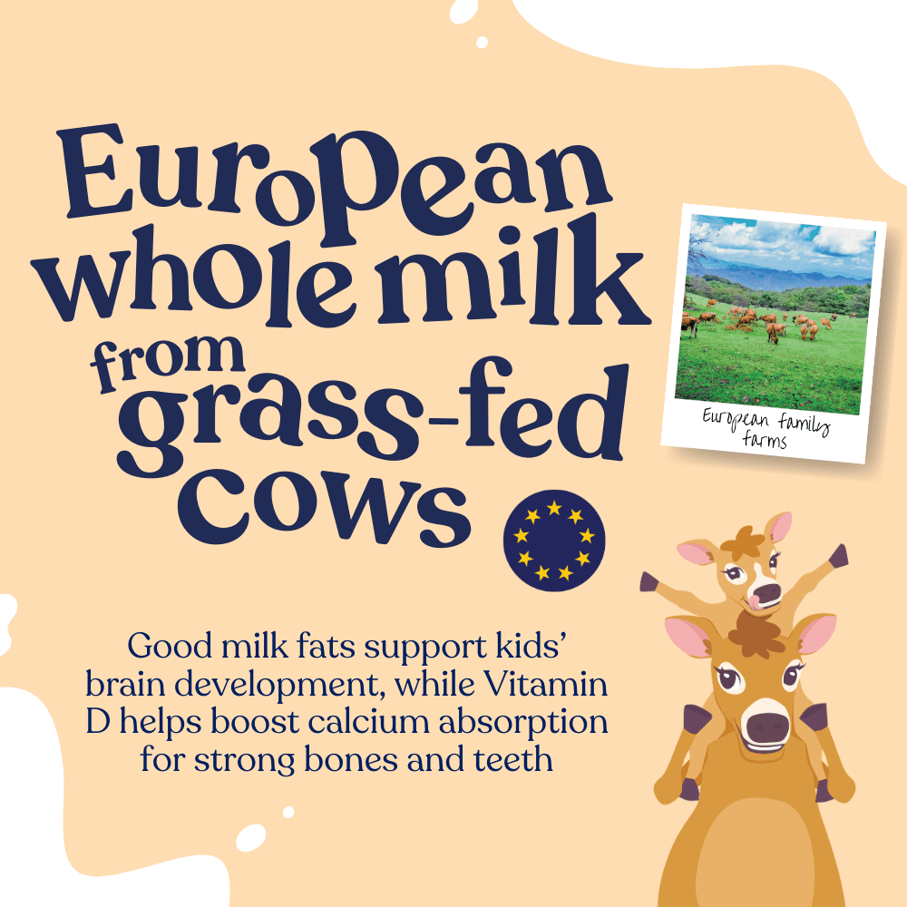 Text about European whole milk from grass-fed cows, with a farm image and cow illustration