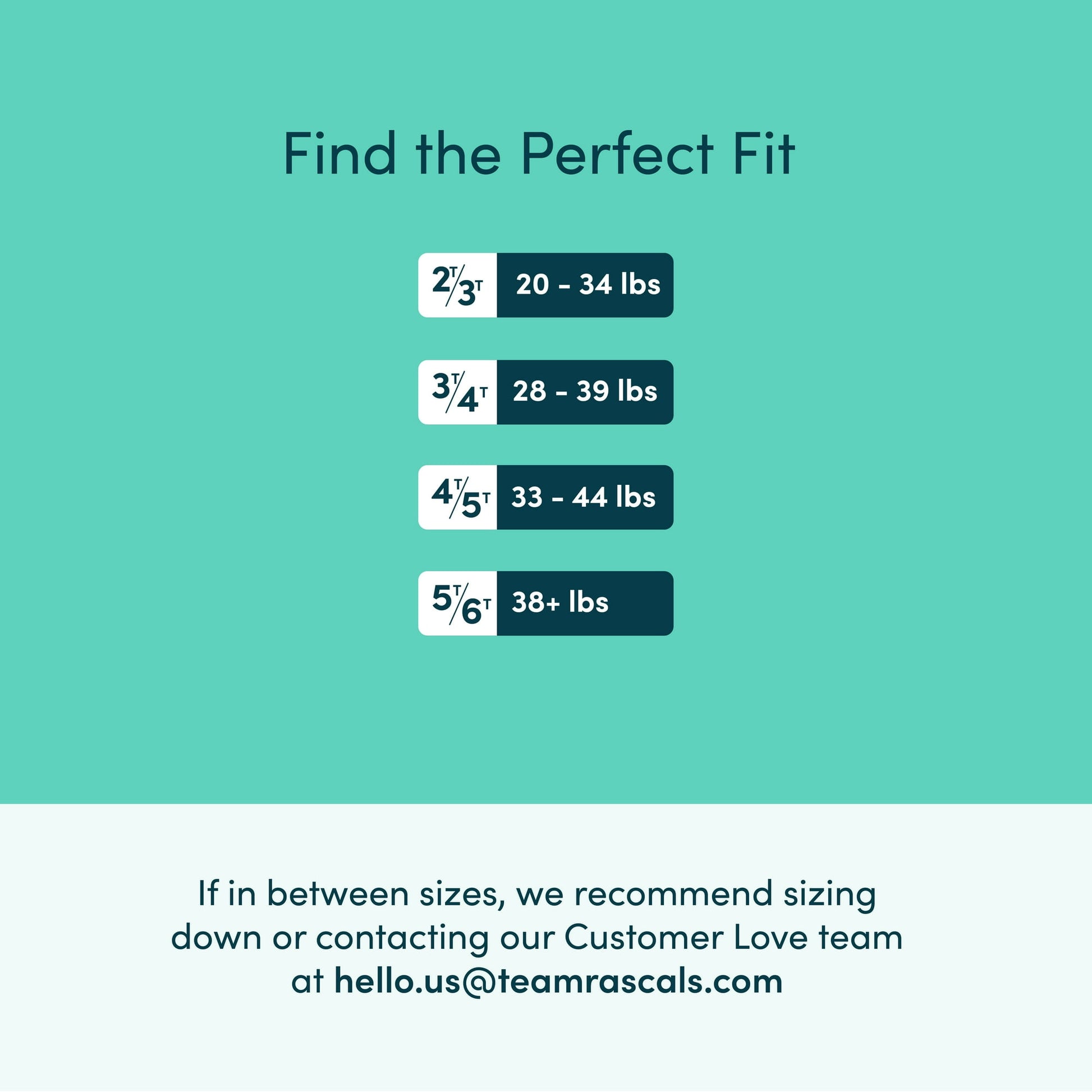 Teal background with white text listing sizes and weight ranges, centered, with a white footer section