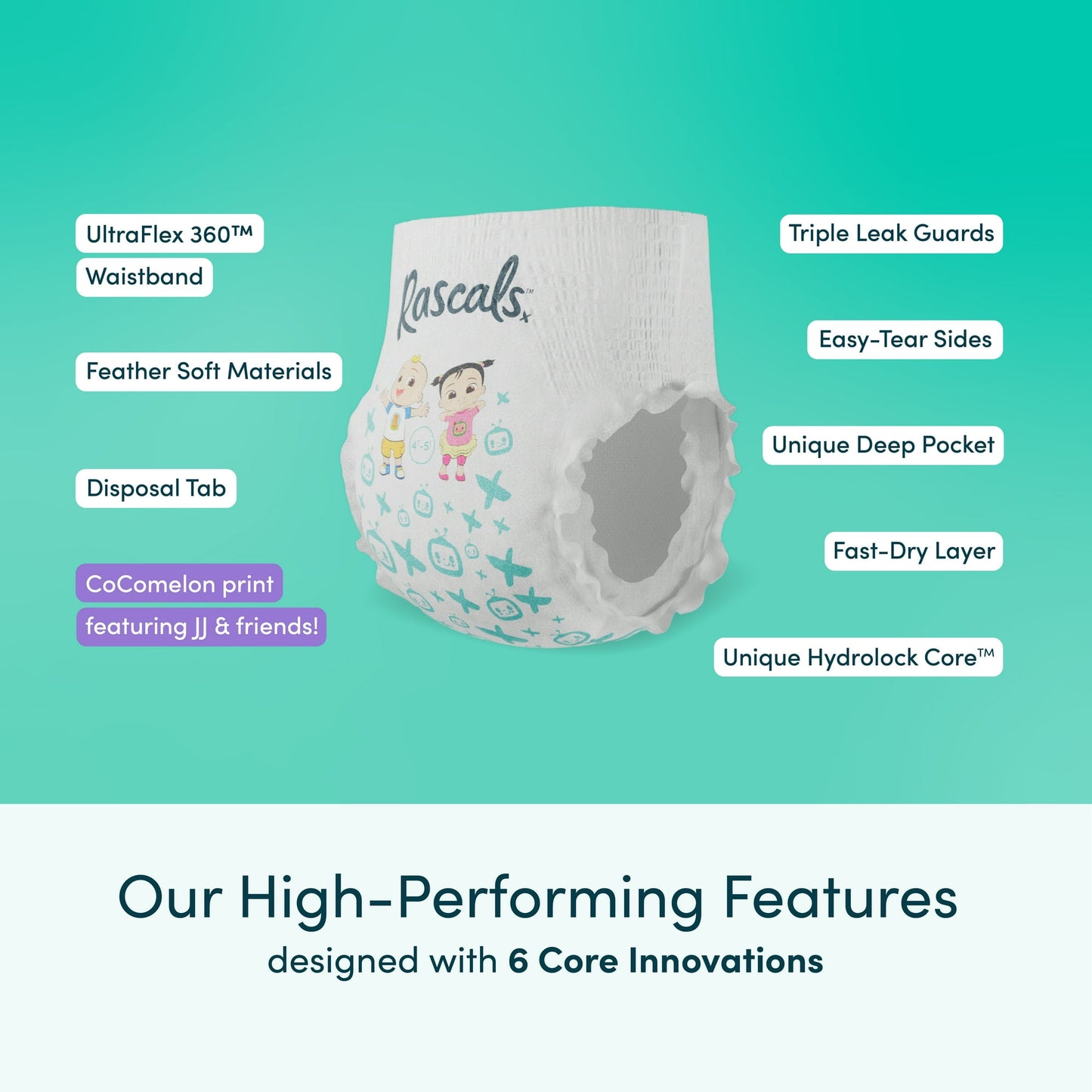 A white baby training pant with cartoon design, accompanied by descriptive text on a green background