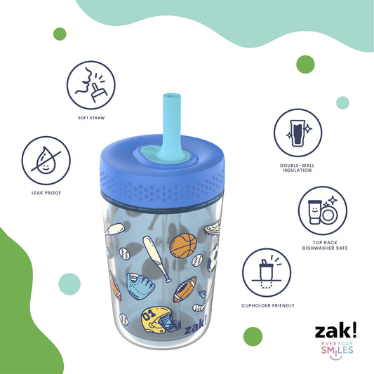 Zak Designs 12oz Kids Straw Tumbler, Double Wall Durable Plastic Tumbler with Silicone Straw Utilizing Leak-Proof Valve, Travel Straw Tumbler