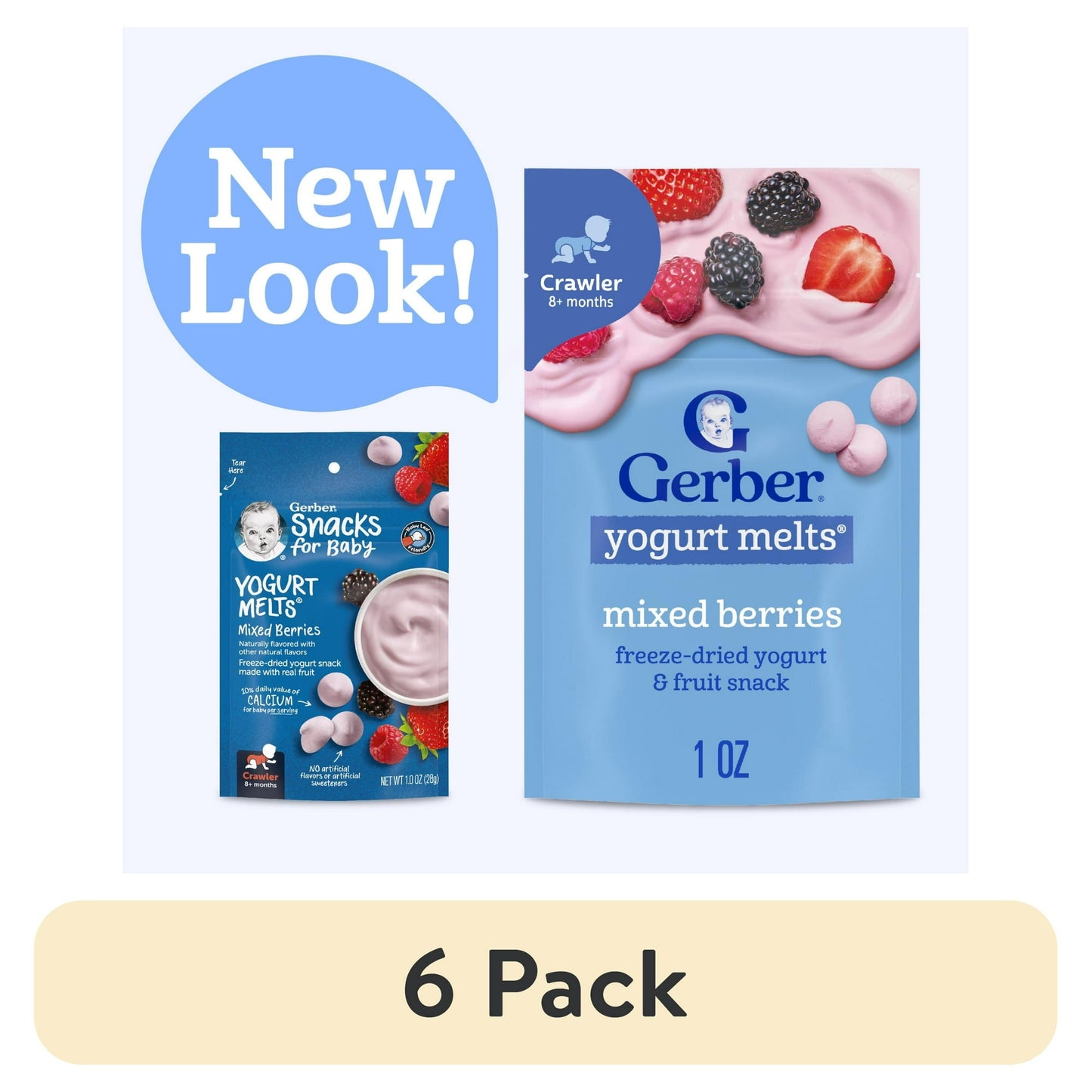 baby food 6 pack yogurt melts packaging with 'New Look!' label and 6 pack indicator.