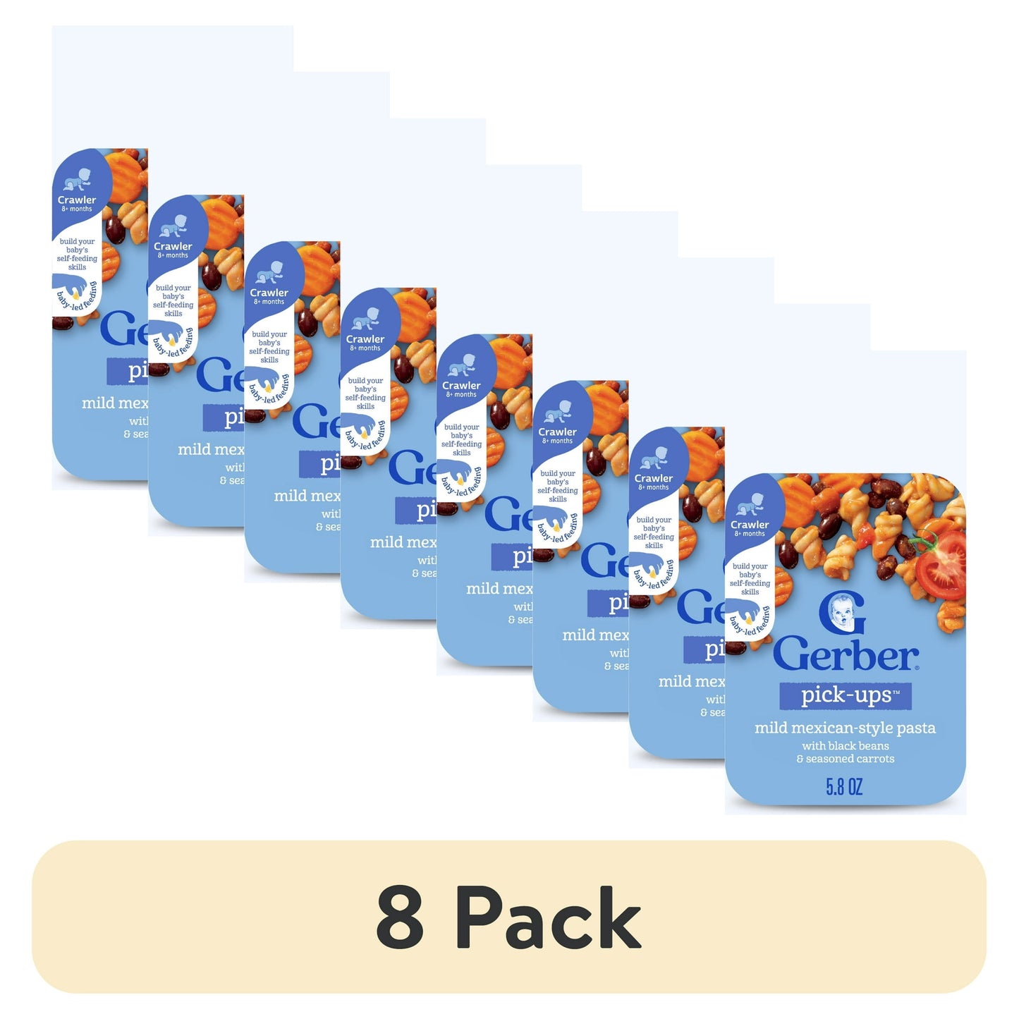 baby food Eight packs of mild Mexican-style pasta on a white background