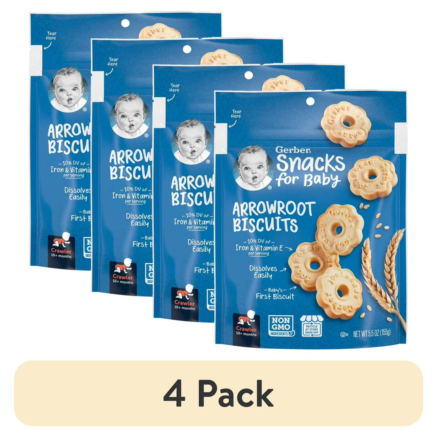 baby food Four packs of Snacks for Baby Arrowroot Biscuits on a white background