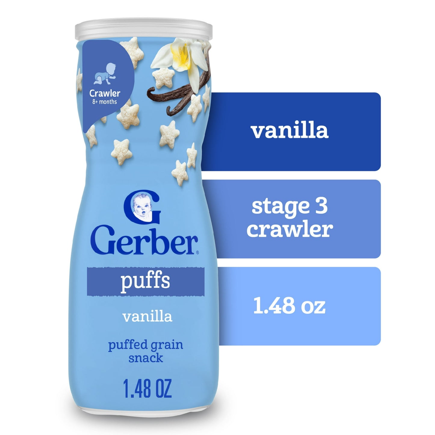 baby food Vanilla Puffs packaging on a white background