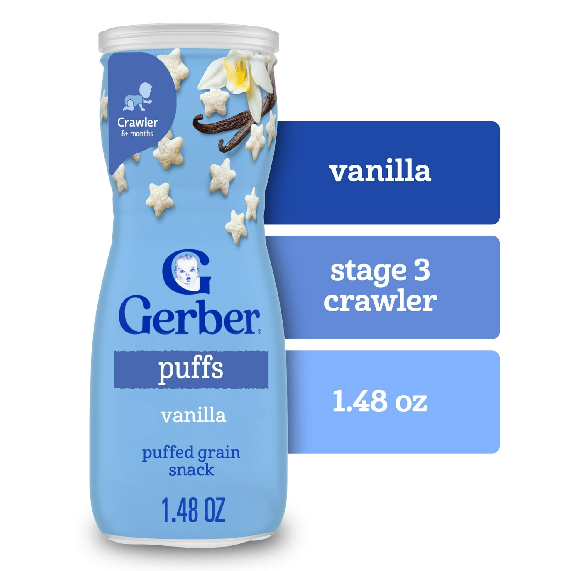 baby food Vanilla Puffs packaging on a white background