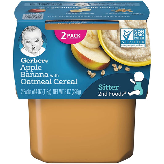 baby food container with blue lid and orange base, featuring images of a baby and food.