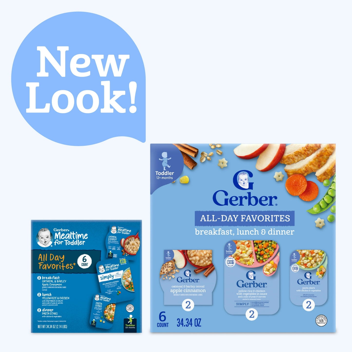baby food packages with 'New Look!' text on a white background