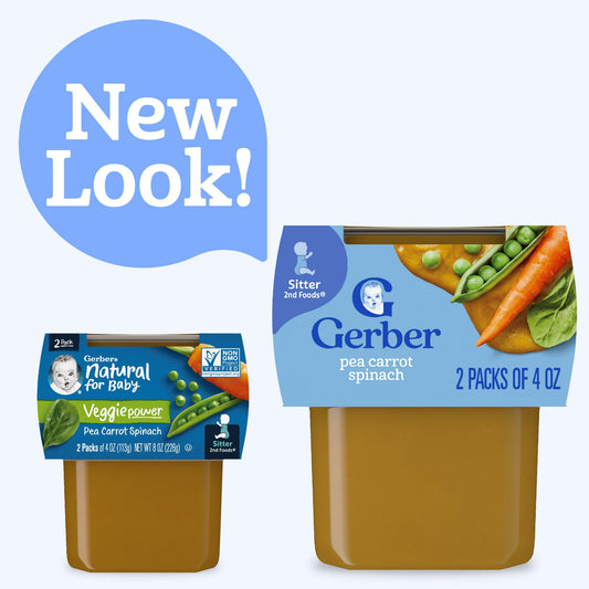 baby food packaging with 'New Look!' text on a white background