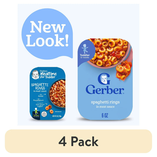 baby food spaghetti rings in meat sauce packaging with 'New Look!' label and 4 pack text.