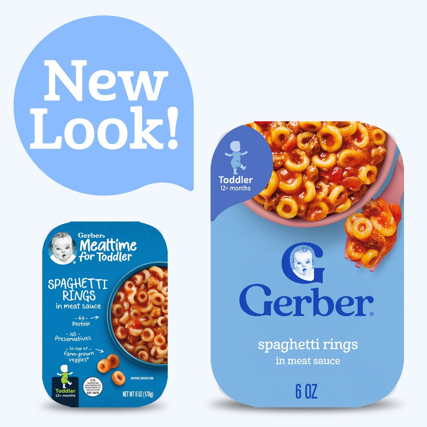 baby food spaghetti rings packaging with 'New Look!' text on a white background