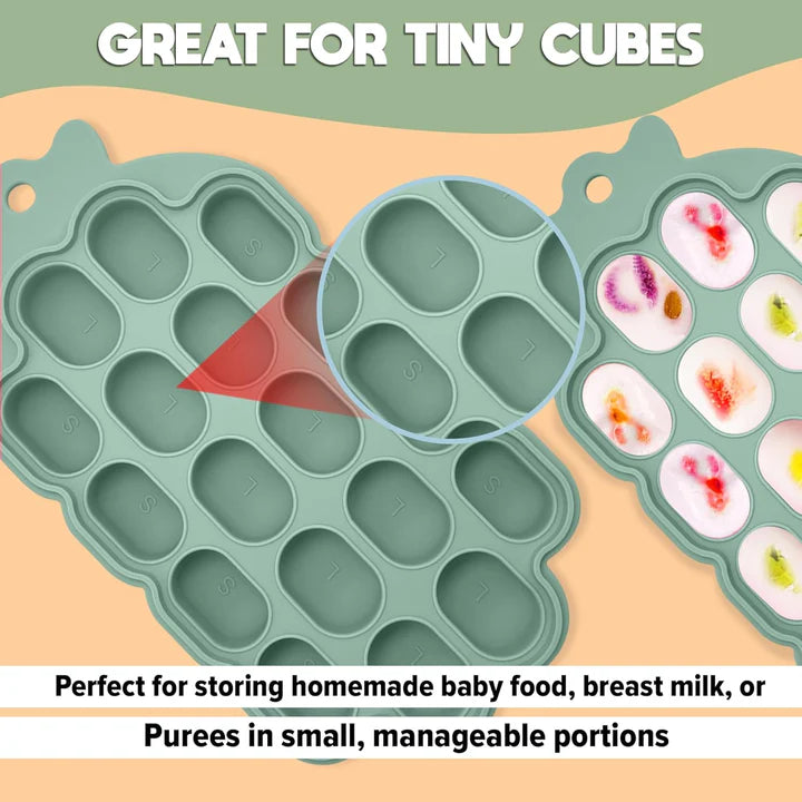 Silicone baby popsicle tray with small compartments filled with baby food purees on a beige background.