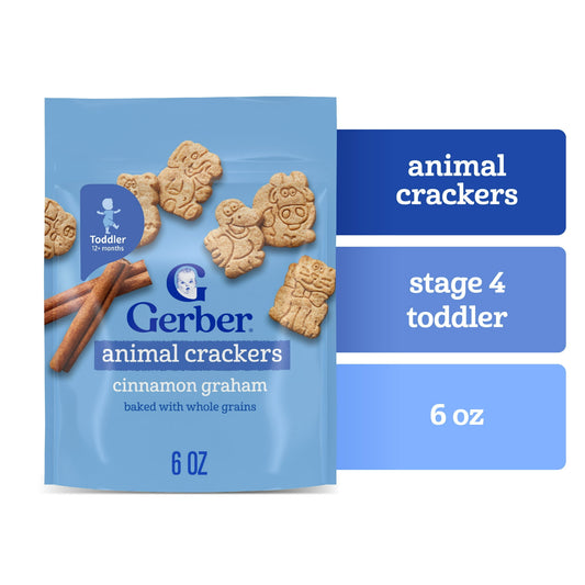 baby snacks Packaging of animal crackers with product details on a white background