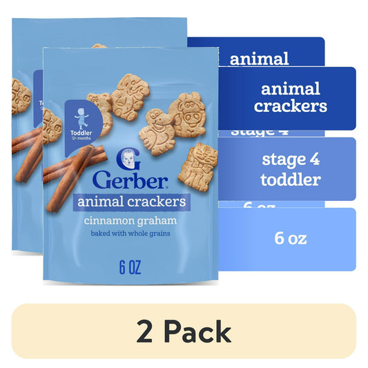 baby snacks Two packs of animal crackers cinnamon graham flavor on a white background