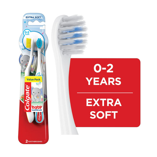 baby toothbrush set with packaging and an extra soft toothbrush on a white background