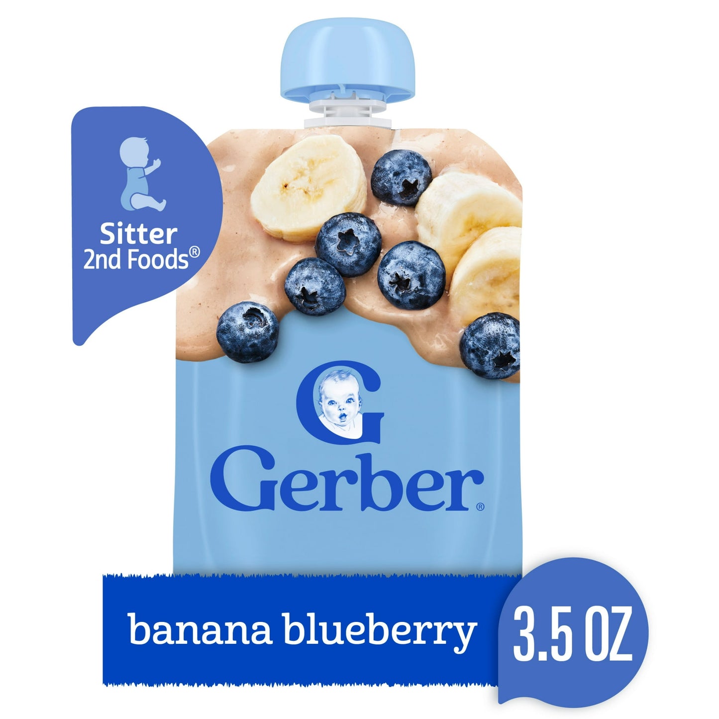 banana blueberry baby food pouch on a white background