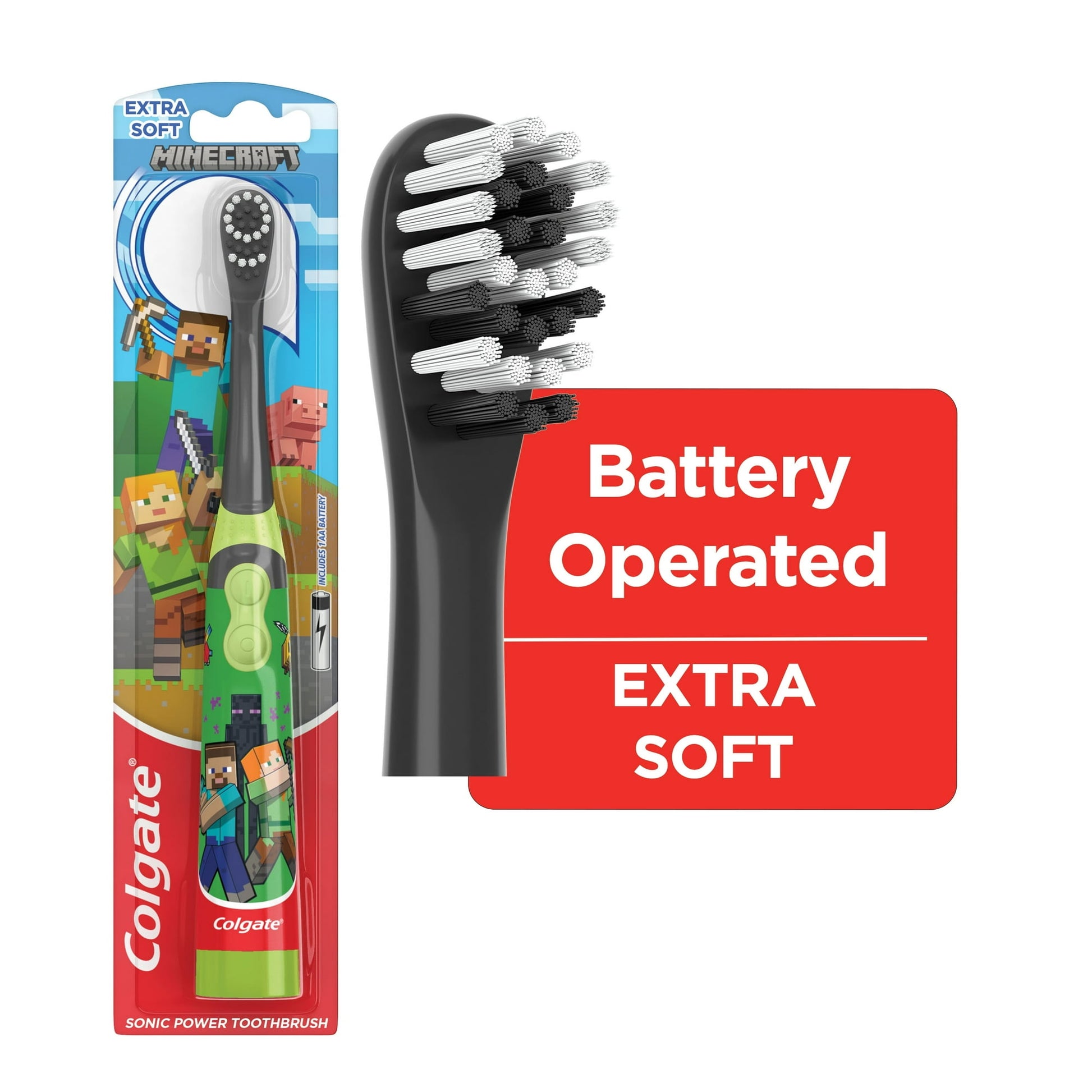 battery-operated toothbrush with Minecraft design packaging on a white background