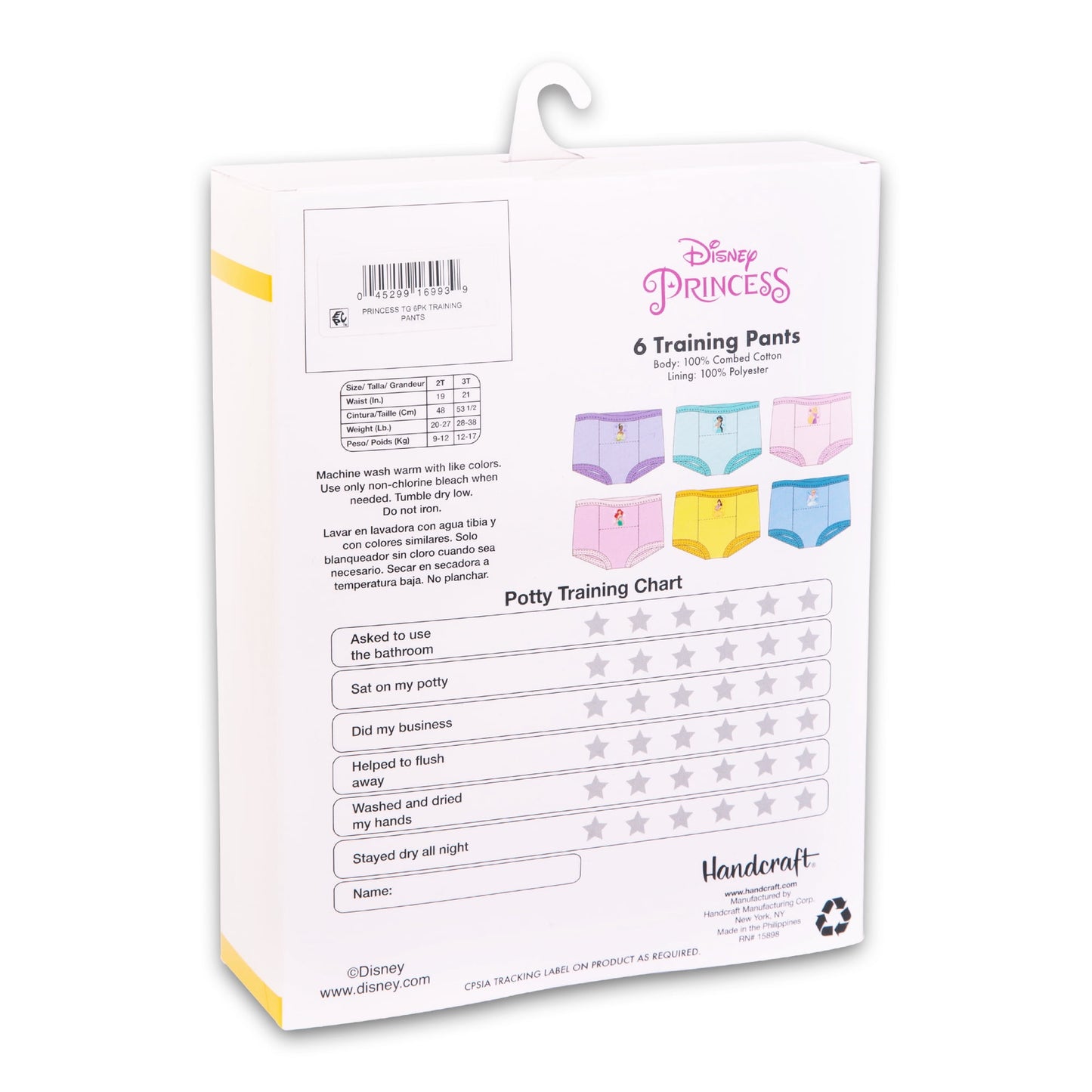 A package of children's training pants with a potty training chart on the back