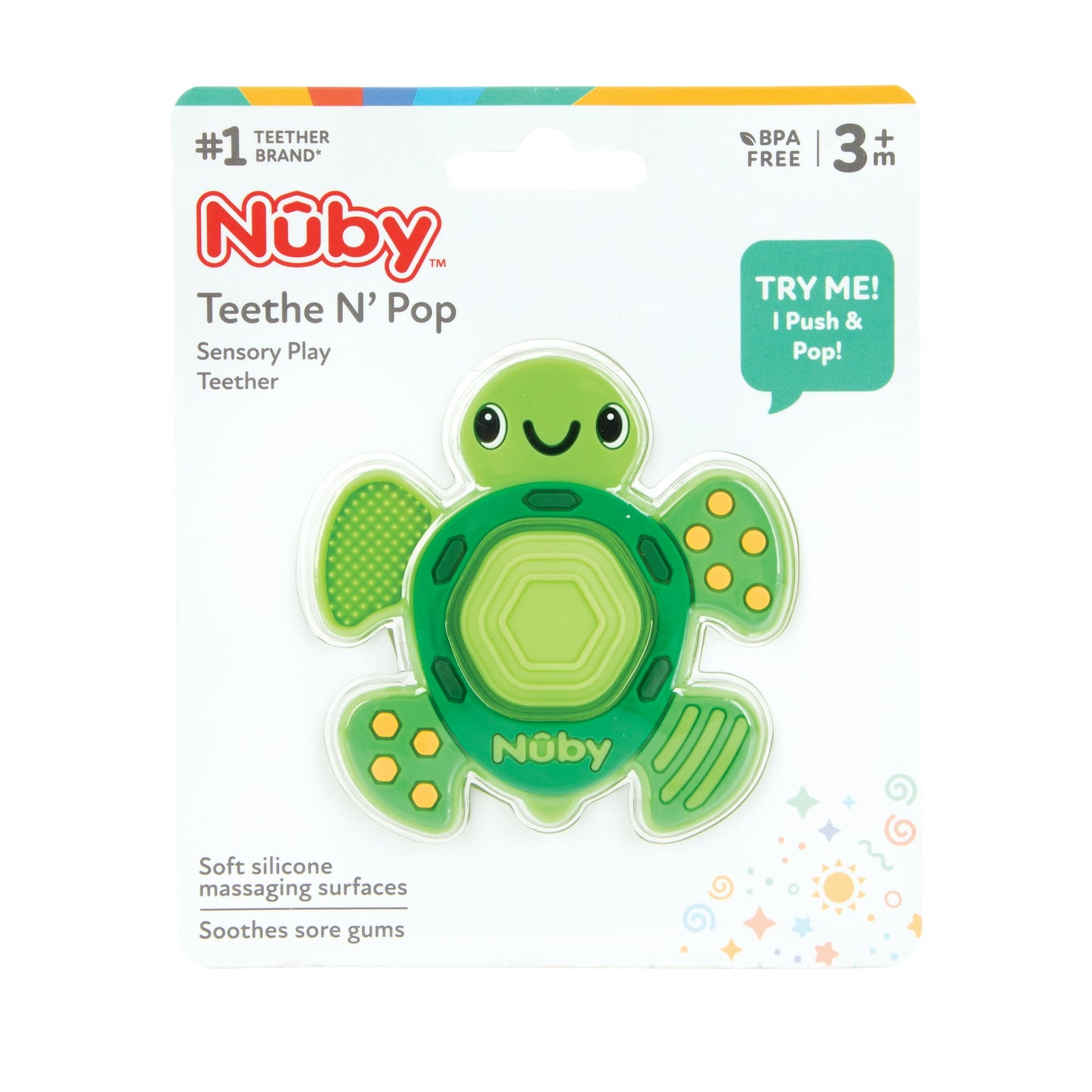 Nuby Teethe N' Pop Sensory Play Teether for Infants, Green Turtle Baby Teether