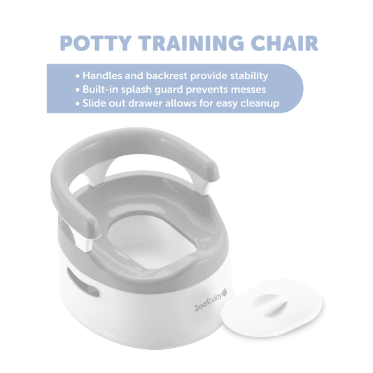 A grey and white potty training chair with a separate lid on a plain white background