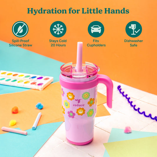 Reduce Coldee Kids Tumbler with Spill-Proof Straw Handle. Insulated Stainless Steel 18 oz