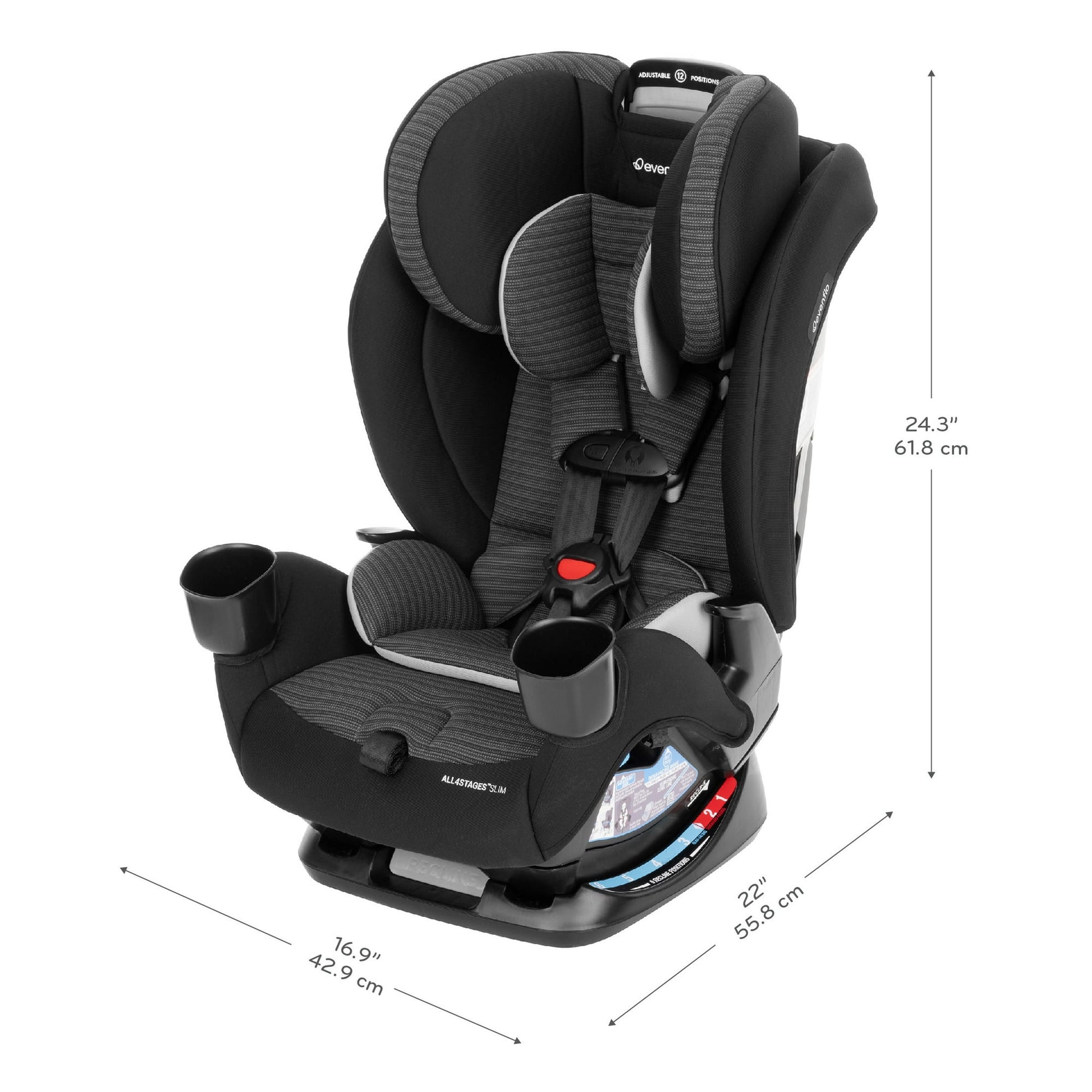 black and grey car seat, Child car seat with dimensions displayed on a white background