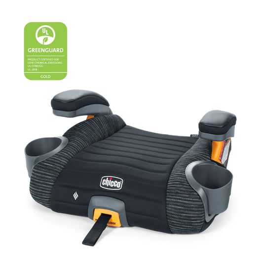 black and orange car seat, Child safety seat with Greenguard Gold certification on a white background