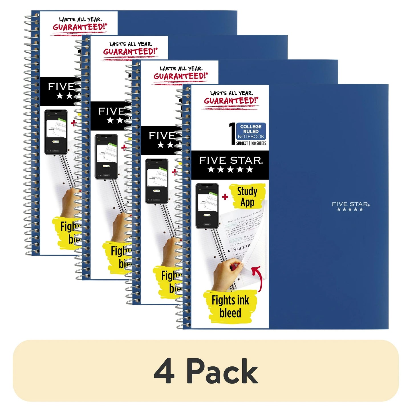 Five Star 1 Subject College Ruled Notebook Plus Study App, 8.5" x 11" , Black, Poly, Spiral, 100 Sheets