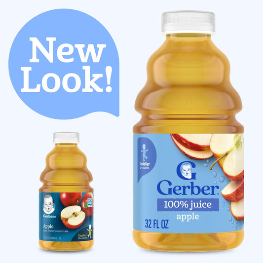 bottle of 100% juice, one with a blue label and one with a red label, on a white background.