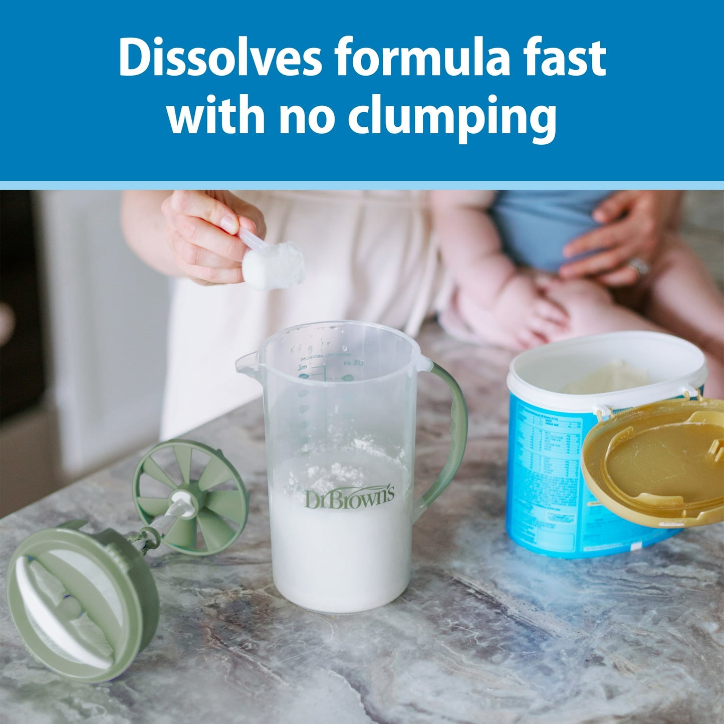 Dr. Brown's Baby Formula Mixing Pitcher, Adjustable Stopper/Locking Lid/No-Drip Spout, Blue 36oz, 1 Pack