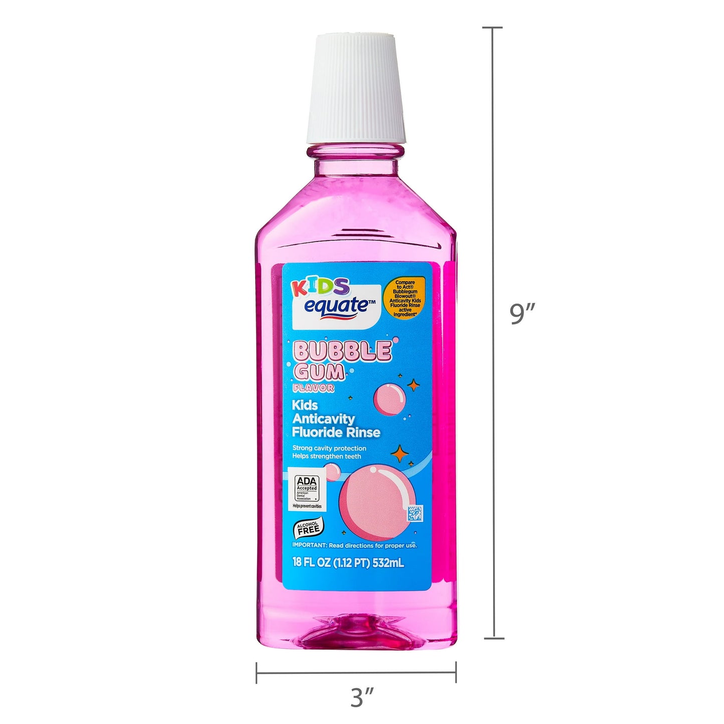 Equate Kids Sugar-Free Kids Anticavity Fluoride Rinse, Bubble Gum Flavor, 18 fl oz, Compare to Act Bubblegum Blowout Fluoride Rinse Active Ingredient