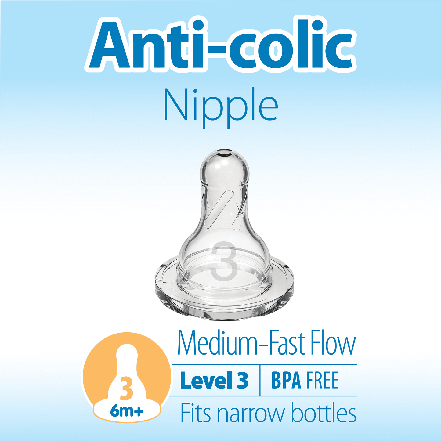 (2 pack) Dr. Brown's Natural Flow Level 3 Narrow Baby Bottle Silicone Nipple, Medium Flow, 3m+, 100% Silicone Bottle Nipple, 2-Pack