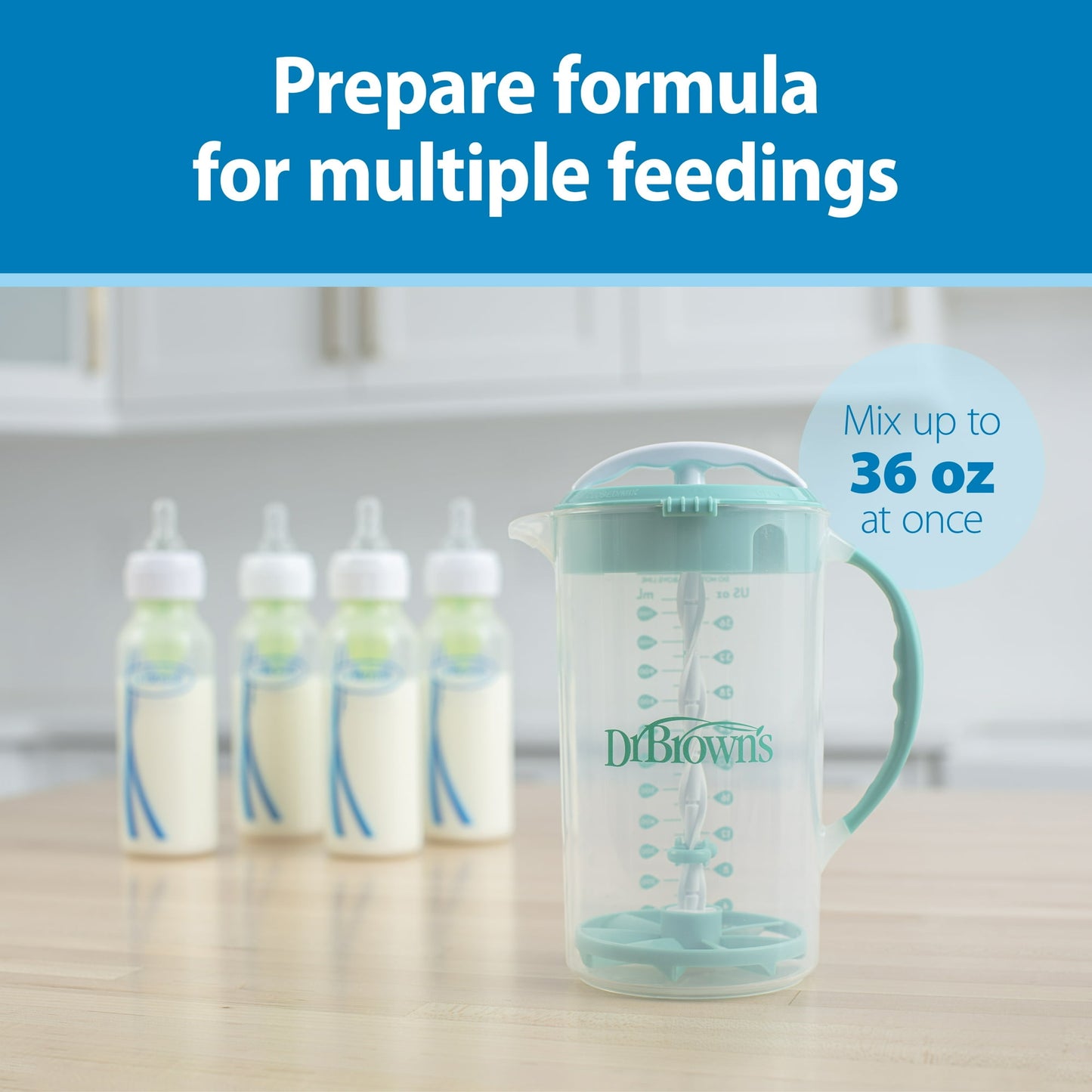 Dr. Brown's Baby Formula Mixing Pitcher, Adjustable Stopper/Locking Lid/No-Drip Spout, Blue 36oz, 1 Pack