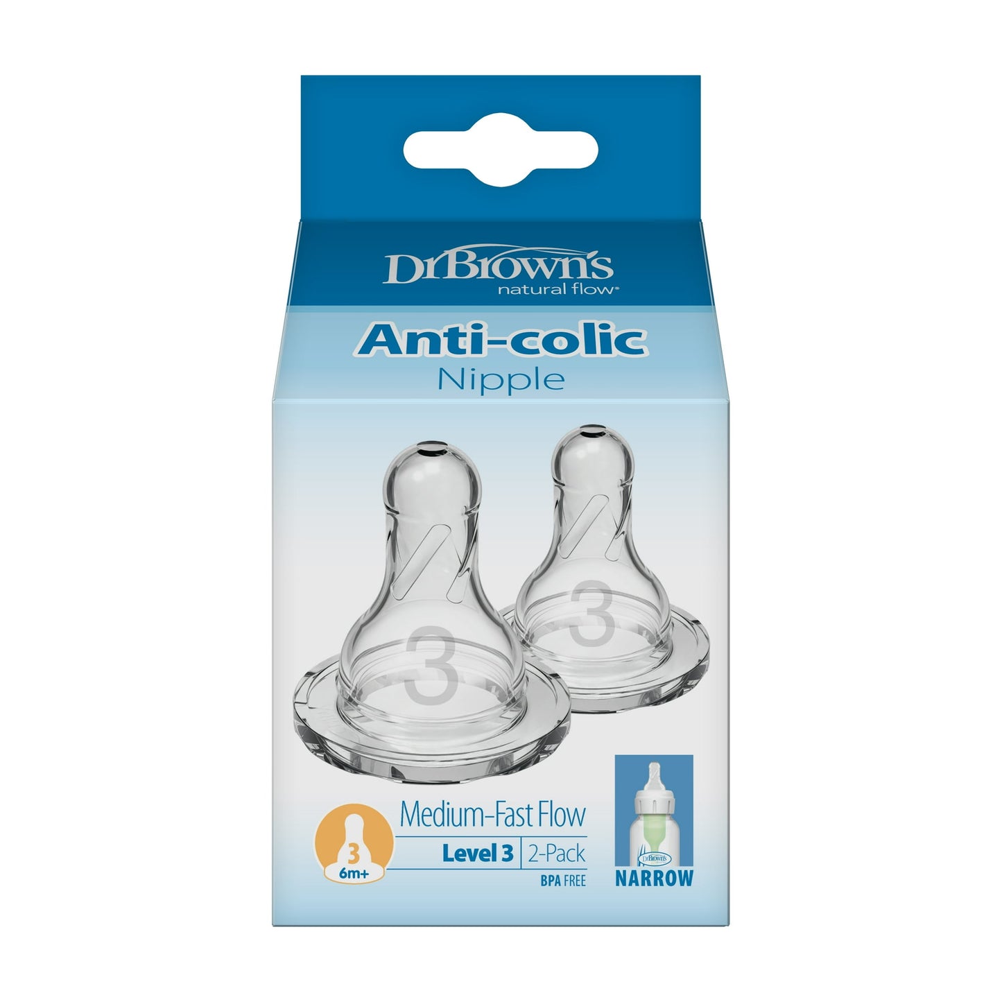 (2 pack) Dr. Brown's Natural Flow Level 3 Narrow Baby Bottle Silicone Nipple, Medium Flow, 3m+, 100% Silicone Bottle Nipple, 2-Pack