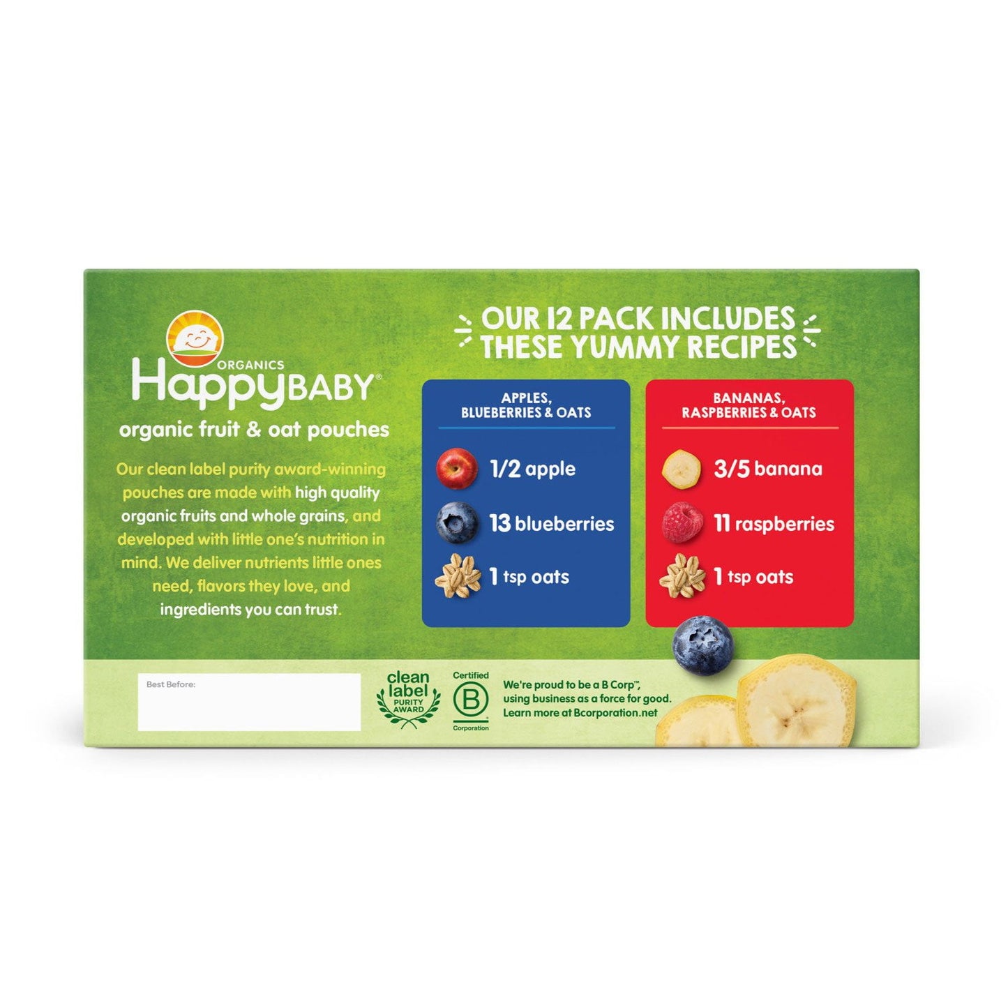 HappyBABY Organics Clearly Crafted Fruit & Oat Pouches, Variety Pack, 12 ct, 4 oz