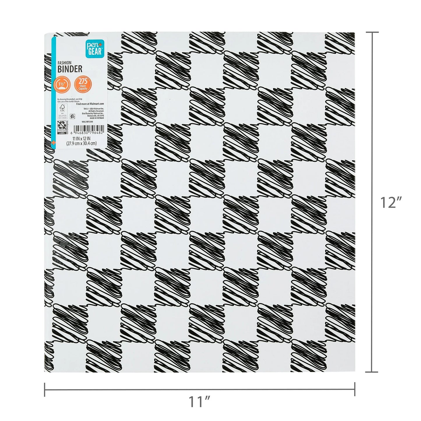 Pen+Gear Fashion 1.5" Round-Ring Binder, Black and White Squiggle Check