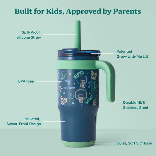 Reduce Coldee Kids Tumbler with Spill-Proof Straw Handle. Insulated Stainless Steel 18 oz
