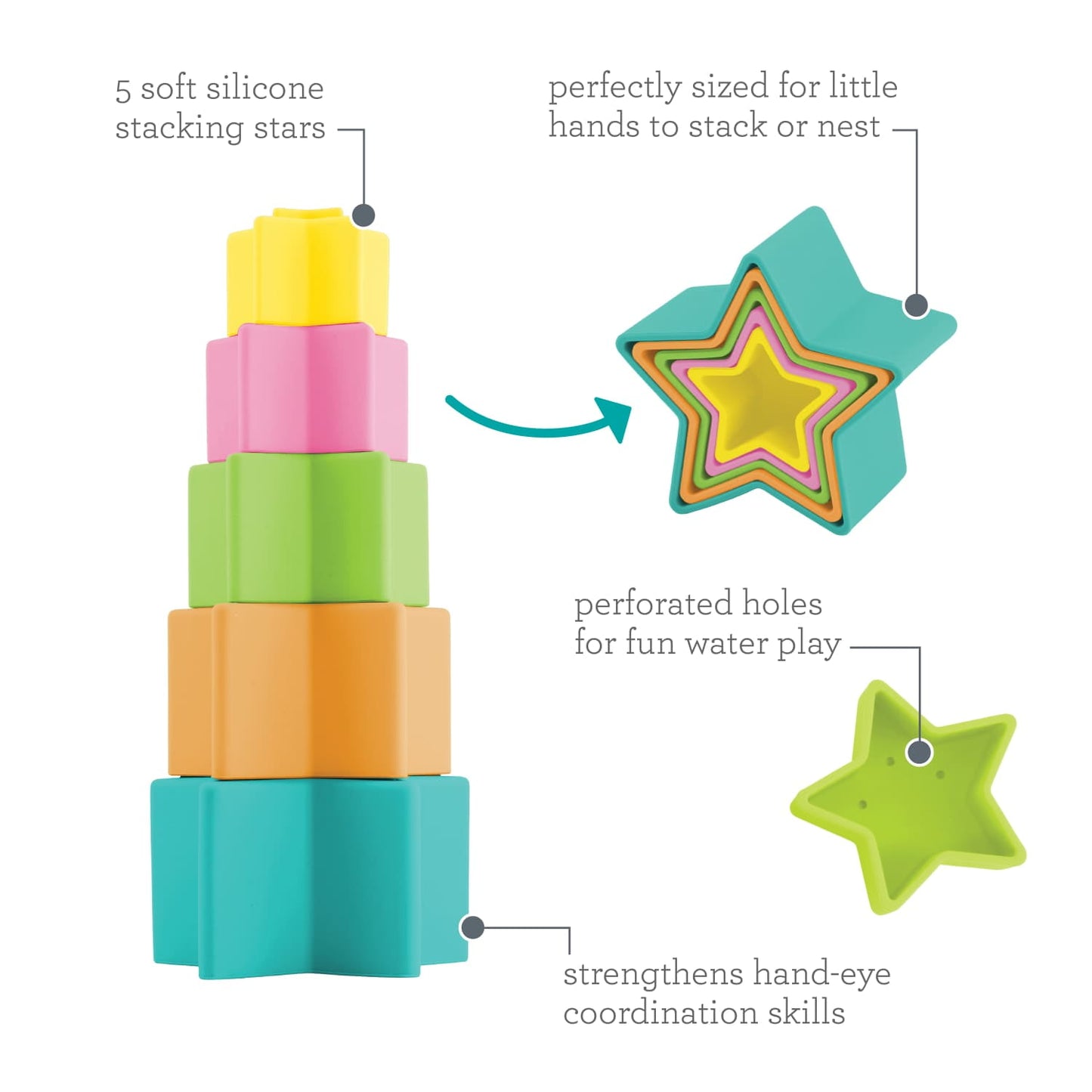 Infantino New Stacking Star Rings Silicone Baby Teethers, for Ages 6-12 Months, Multicolor, 5-Pack
