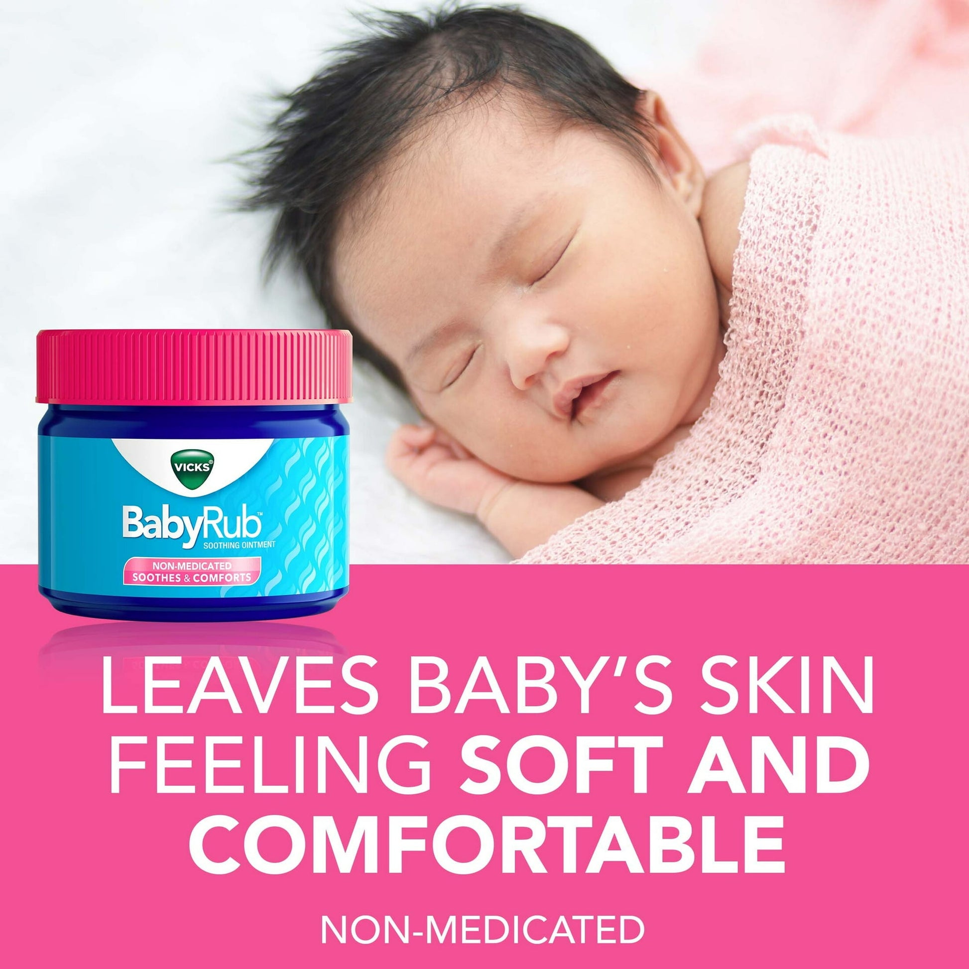 Image showing a baby sleeping with text and a gentle relief product made to support comfort and wellness during flu, cold, cough or fever