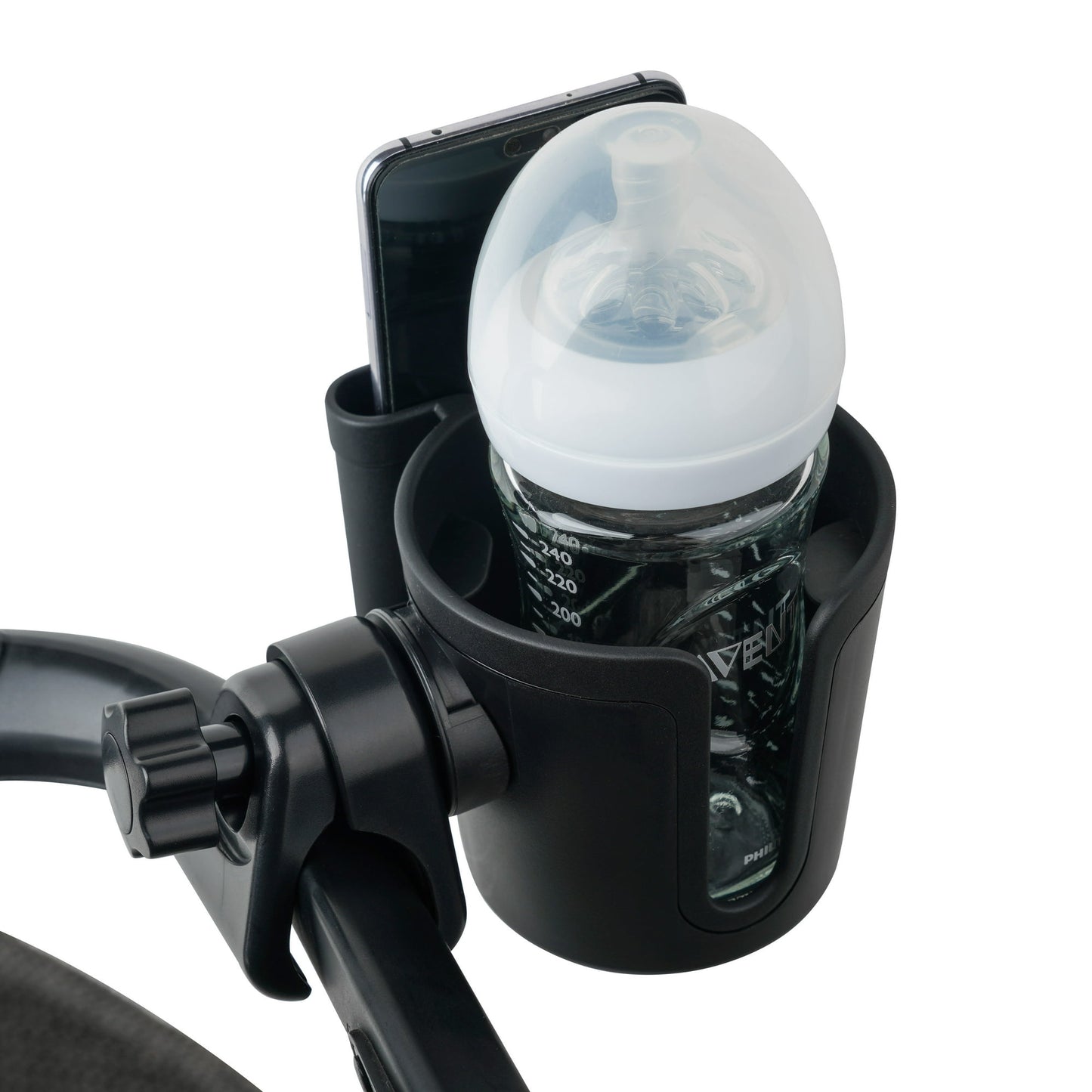 Image displaying a baby stroller accessory holding a baby feeder and a mobile