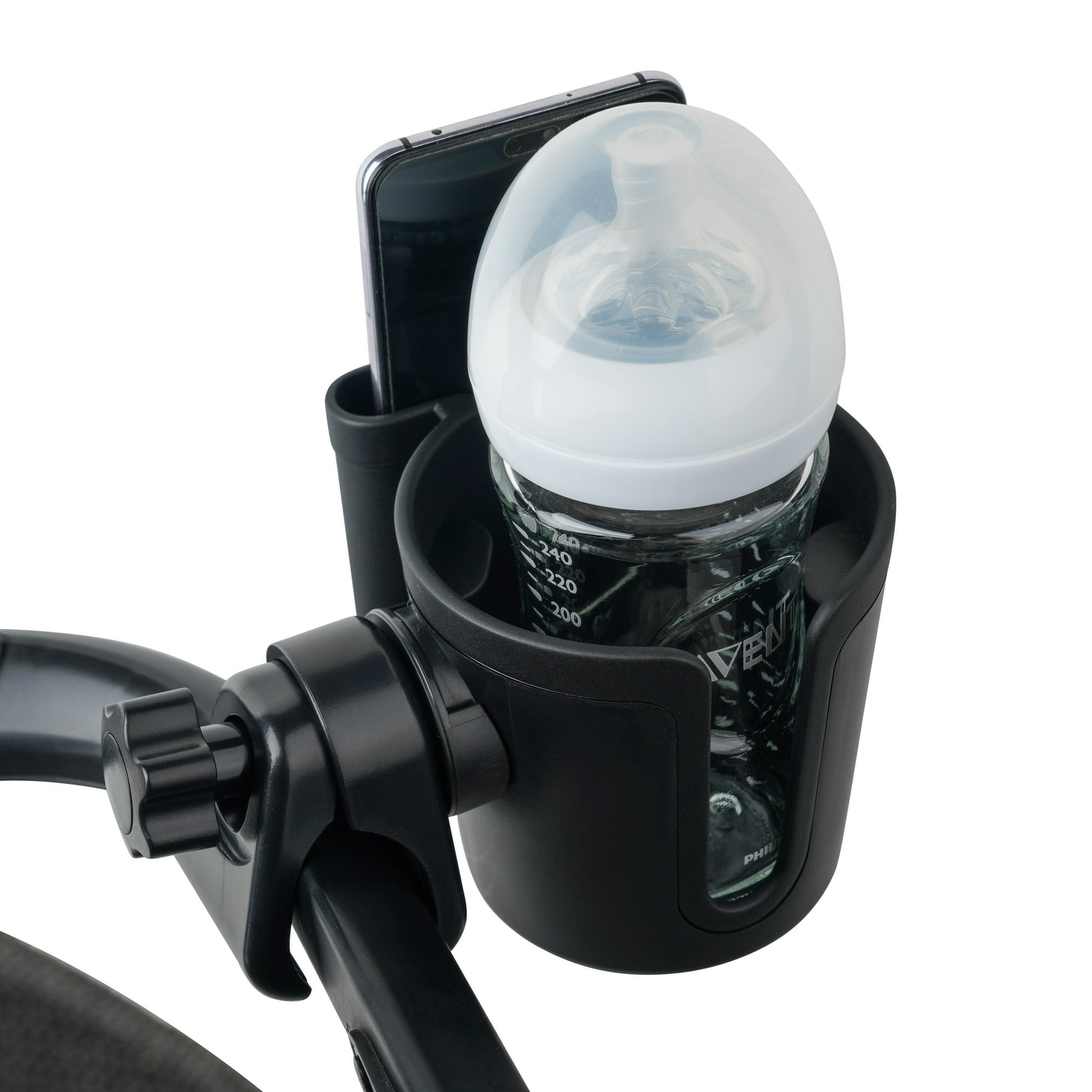 Image displaying a baby stroller accessory holding a baby feeder and a mobile