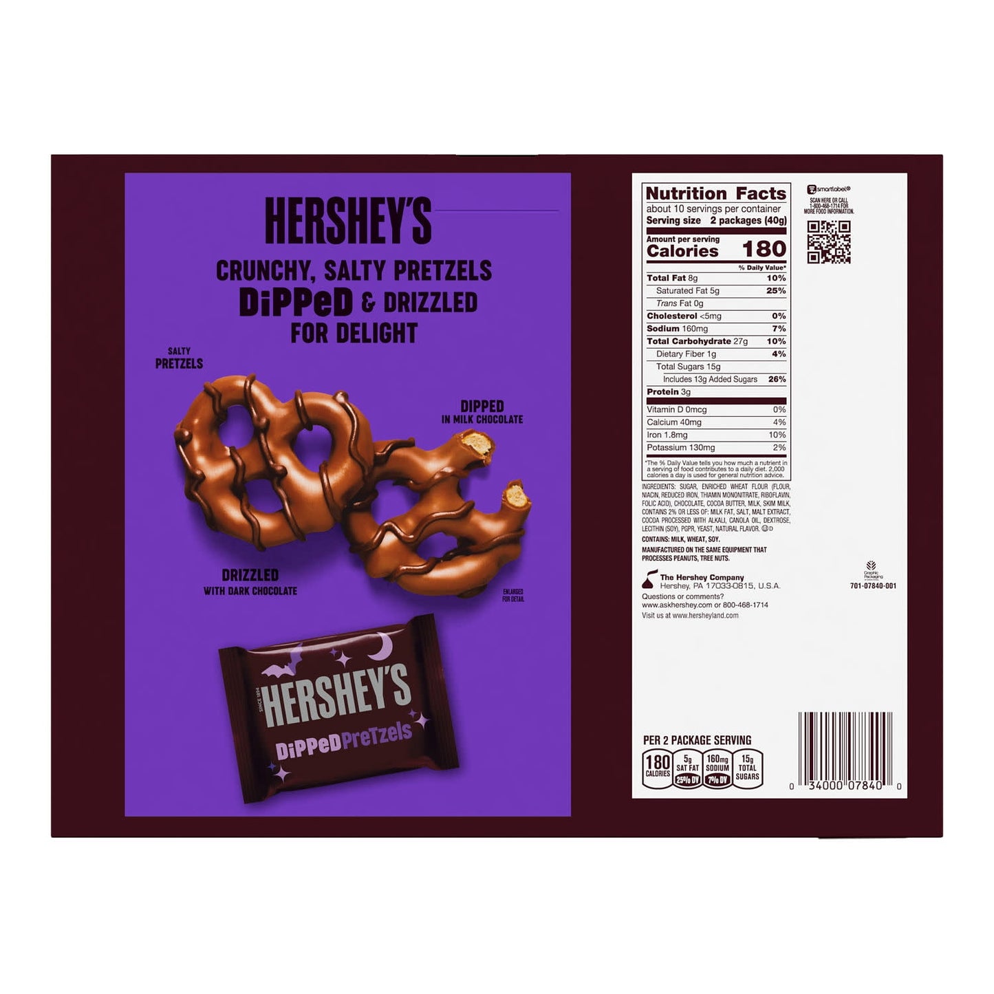 Hershey's Milk and Dark Chocolate Covered Halloween Dipped Pretzels, Box 14.1 oz, 20 Packs