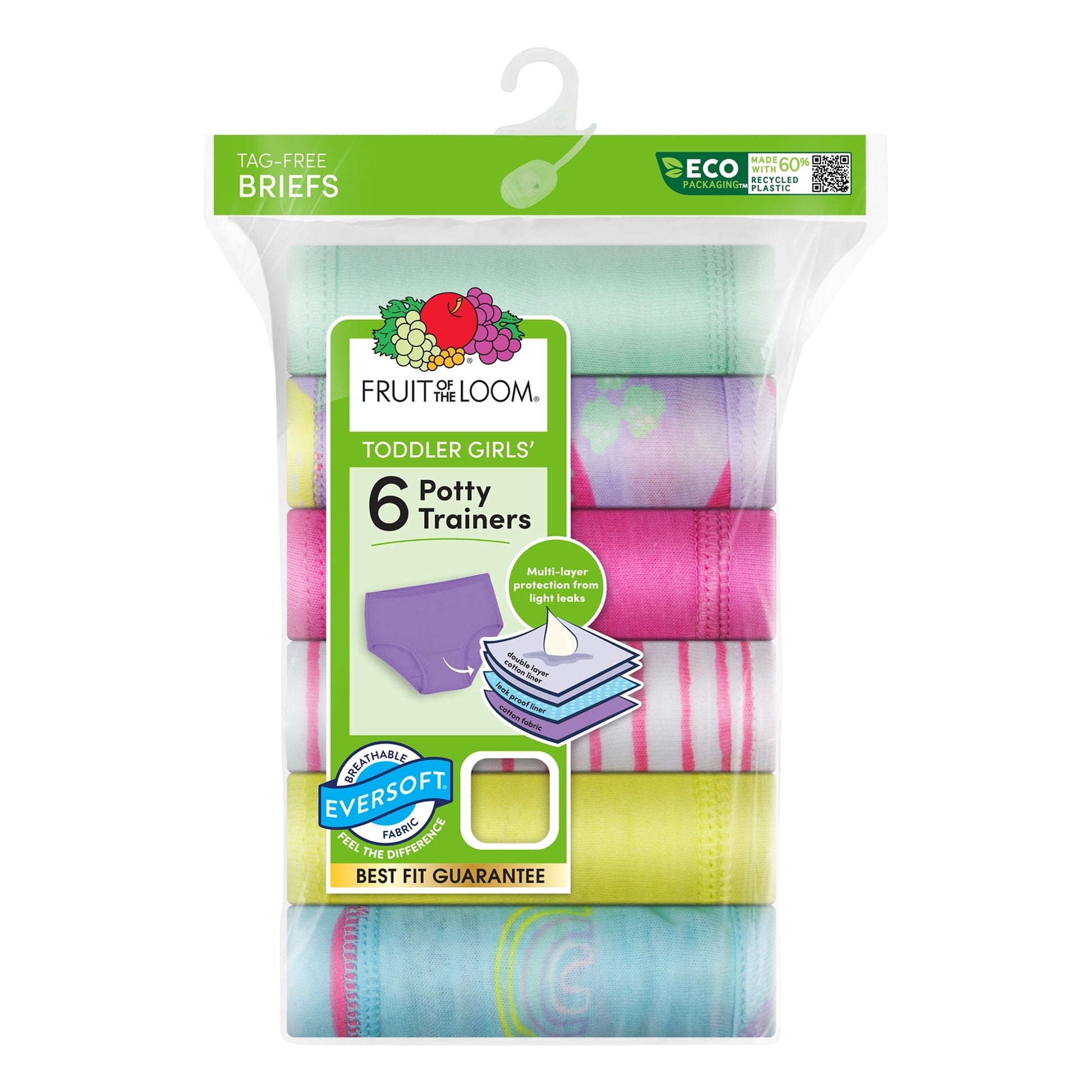 Package of six colorful toddler girls' potty training underwear, with white background