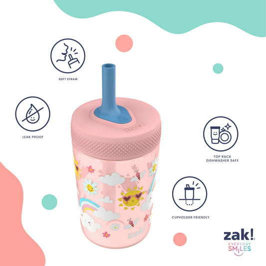 Zak Designs Tumbler, Soft Straw Tumbler for Toddlers, 12oz, Leak-Proof, Easy to Hold, Sunshine and Rainbows