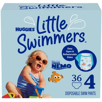 disposable swim pants packaging with a child and Nemo character on a light blue background.
