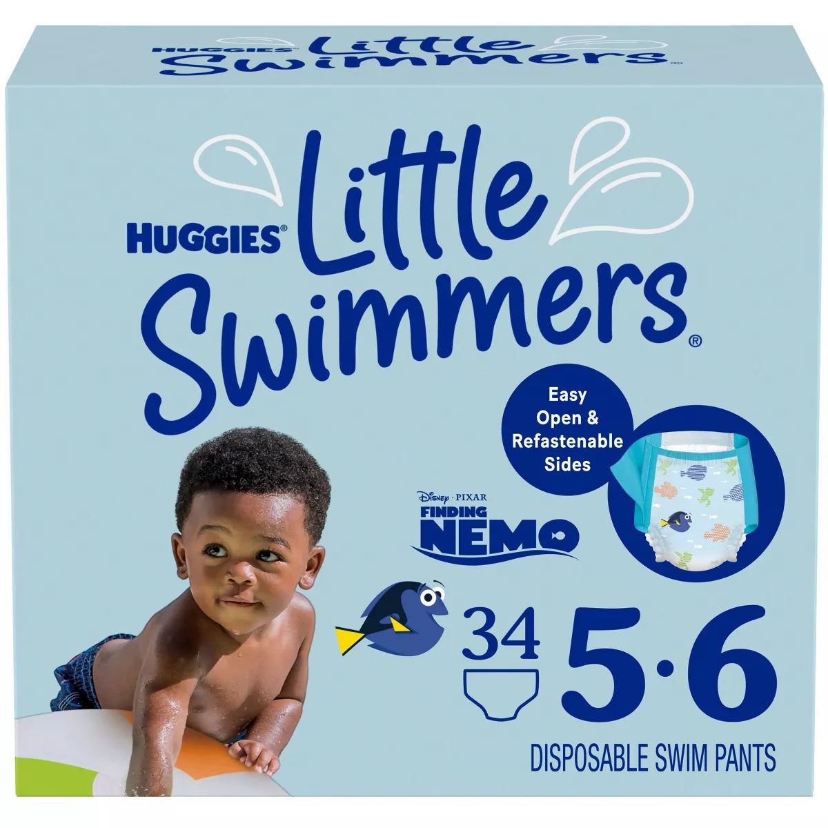 disposable swim pants packaging with a child model and Finding Nemo branding.