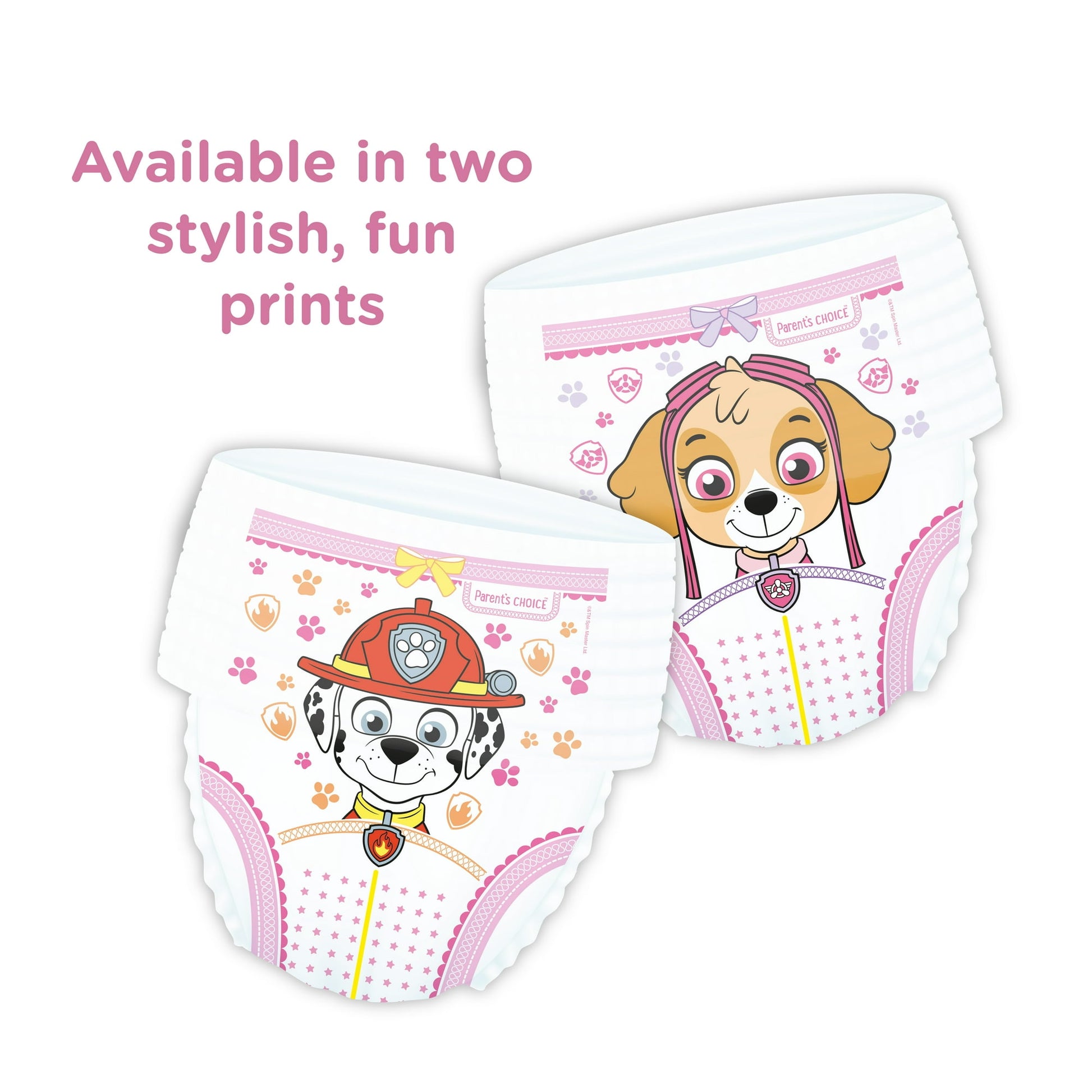 Two white training pants featuring cartoon dog characters, presented against a plain backgroun