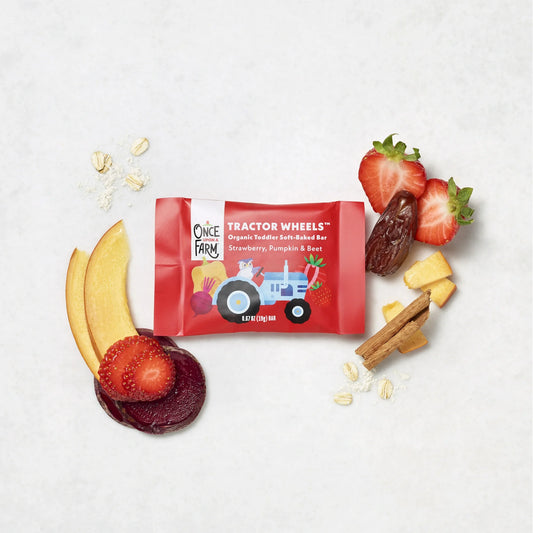 Once Upon a Farm Organic Tractor Wheels Toddler Bar, Strawberry, Pumpkin & Beet, 5ct